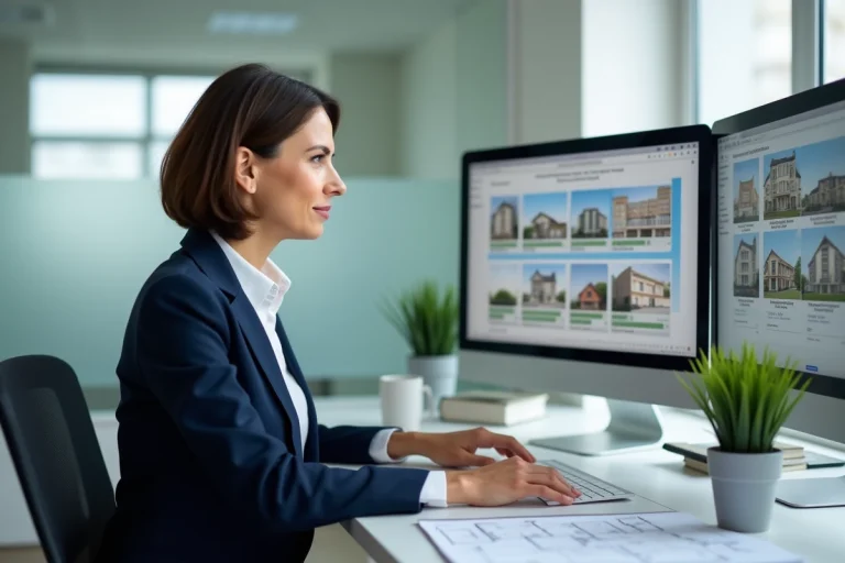 Agent immobilière utilisant un logiciel immobilier sur double écran dans un bureau moderne