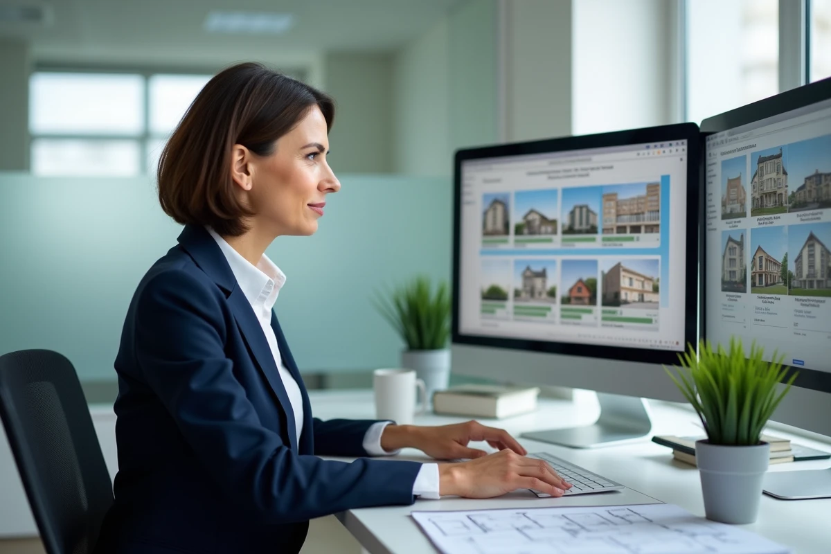 Agent immobilière utilisant un logiciel immobilier sur double écran dans un bureau moderne