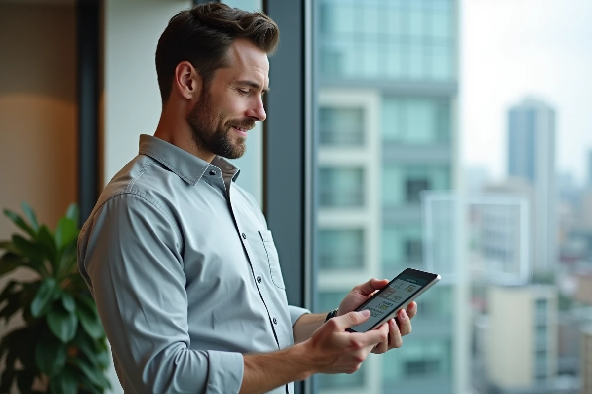 Agent immobilier consultant un logiciel de gestion immobilière sur tablette dans un appartement moderne