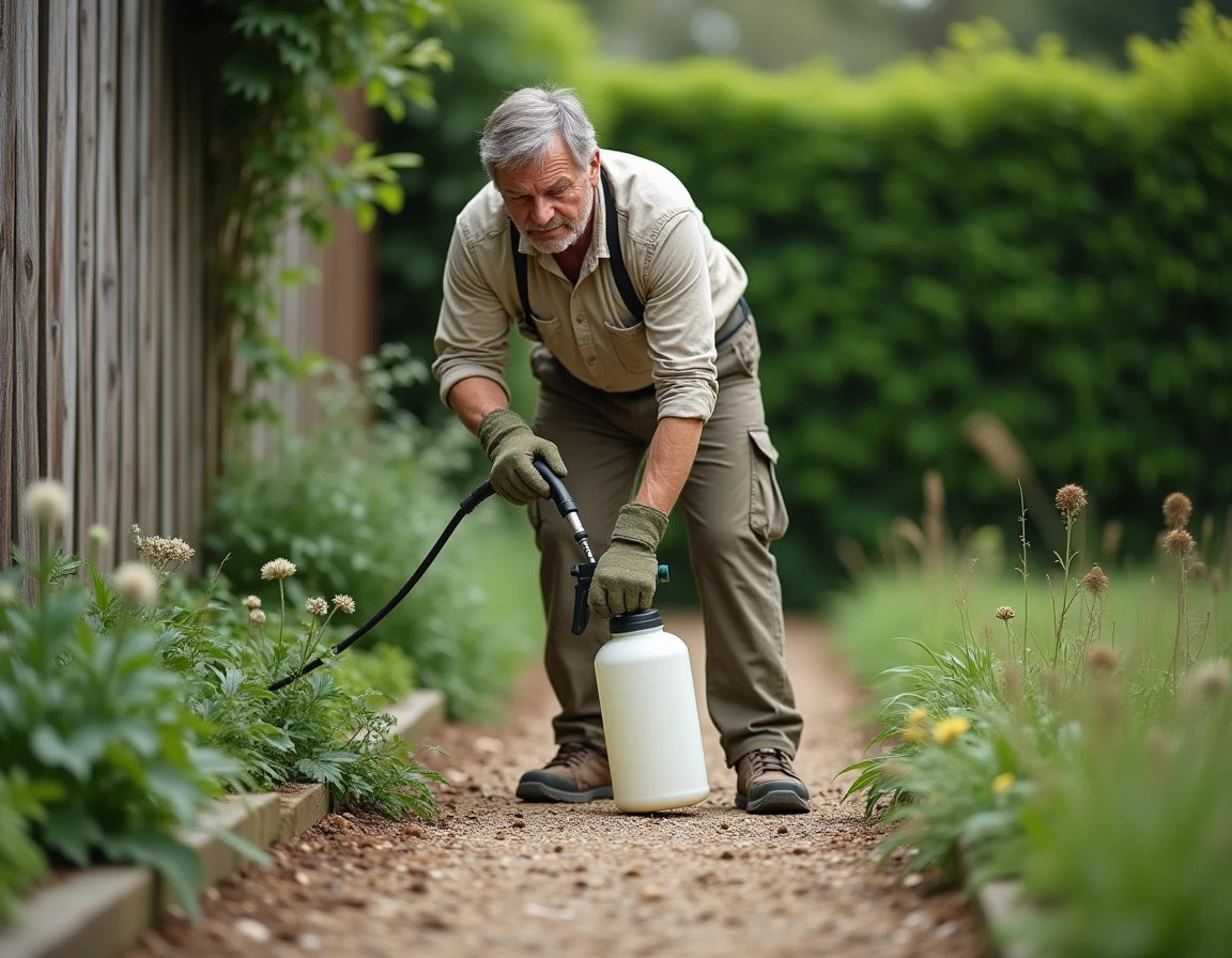 Homme appliquant du désherbant glyphosate sur un chemin de gravier envahi de mauvaises herbes dans un jardin suburban