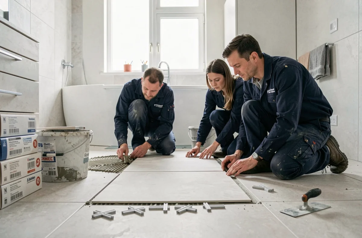 Deux artisans posant du carrelage dans une salle de bain en rénovation dans le cadre de travaux à 30 000 euros
