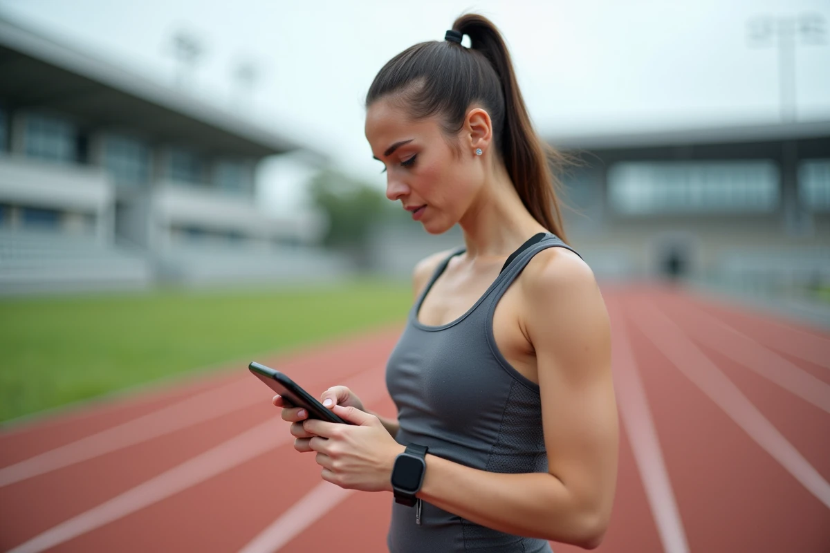 Athlète féminine consultant les résultats sportifs sur smartphone après un entraînement sur piste d'athlétisme
