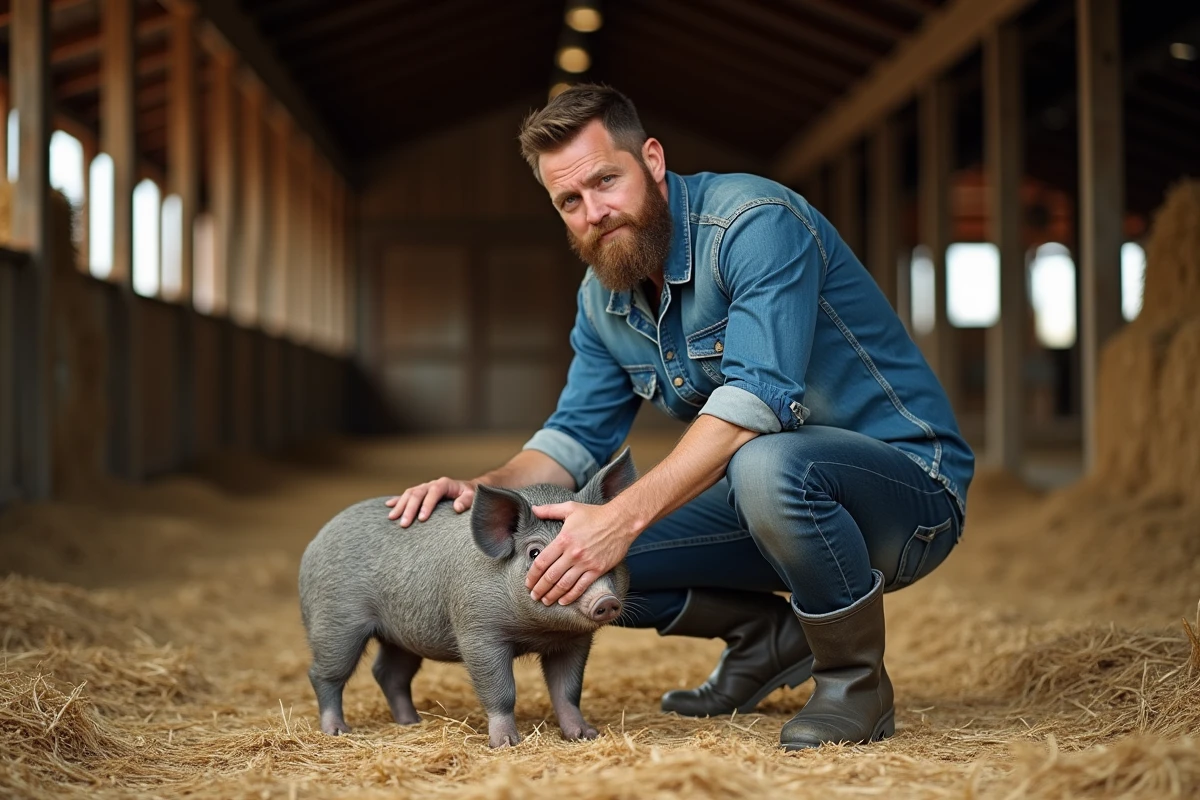 Bénévole soignant un cochon rescapé dans une grange d'un centre de sauvetage pour animaux de ferme