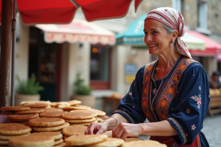 Femme bretonne en costume traditionnel arrangeant des crêpes au marché