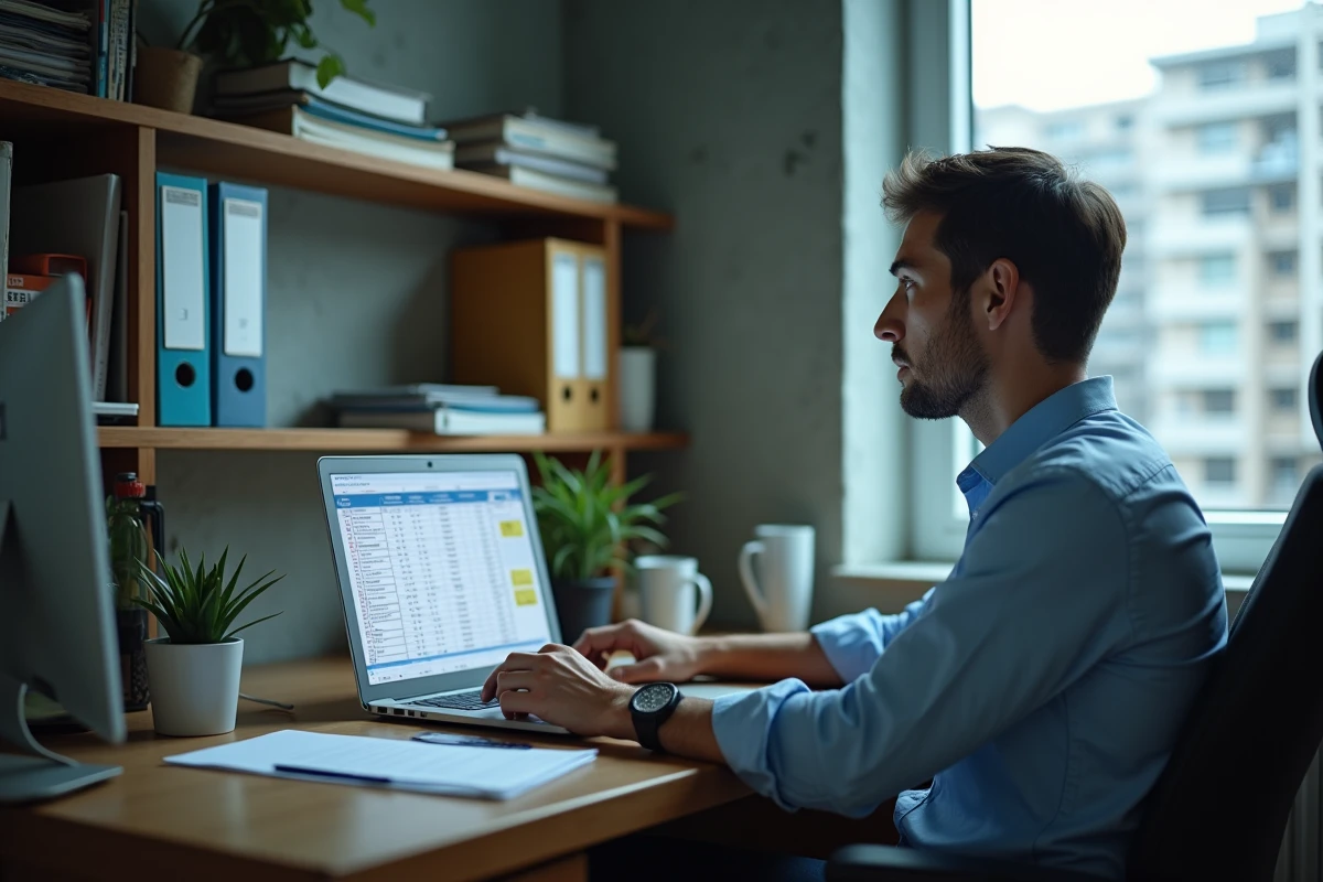 Homme calculant le montant de la caution de son logement social sur un ordinateur portable avec tableur