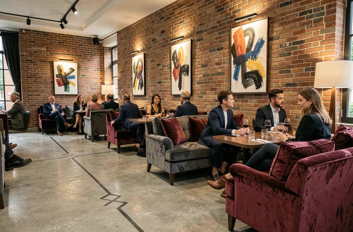 Intérieur élégant d'un club lounge à Lille avec sièges en velours et ambiance sophistiquée