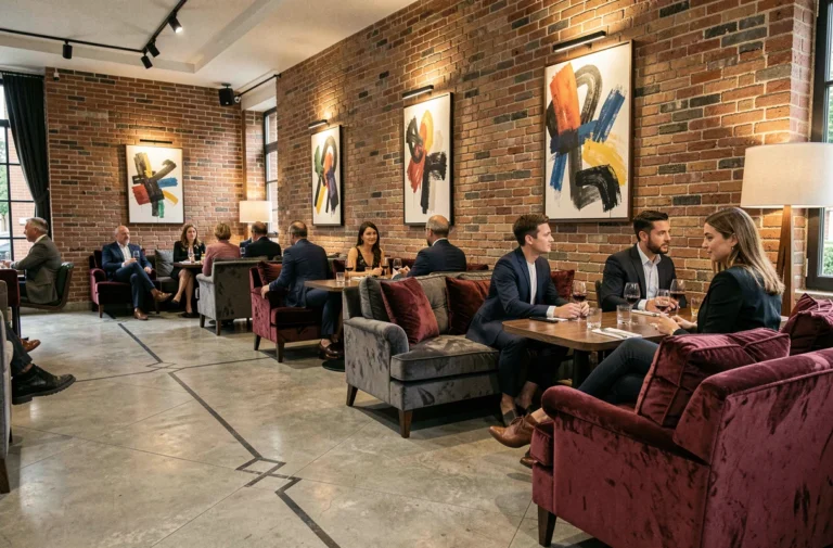 Intérieur élégant d'un club lounge à Lille avec sièges en velours et ambiance sophistiquée