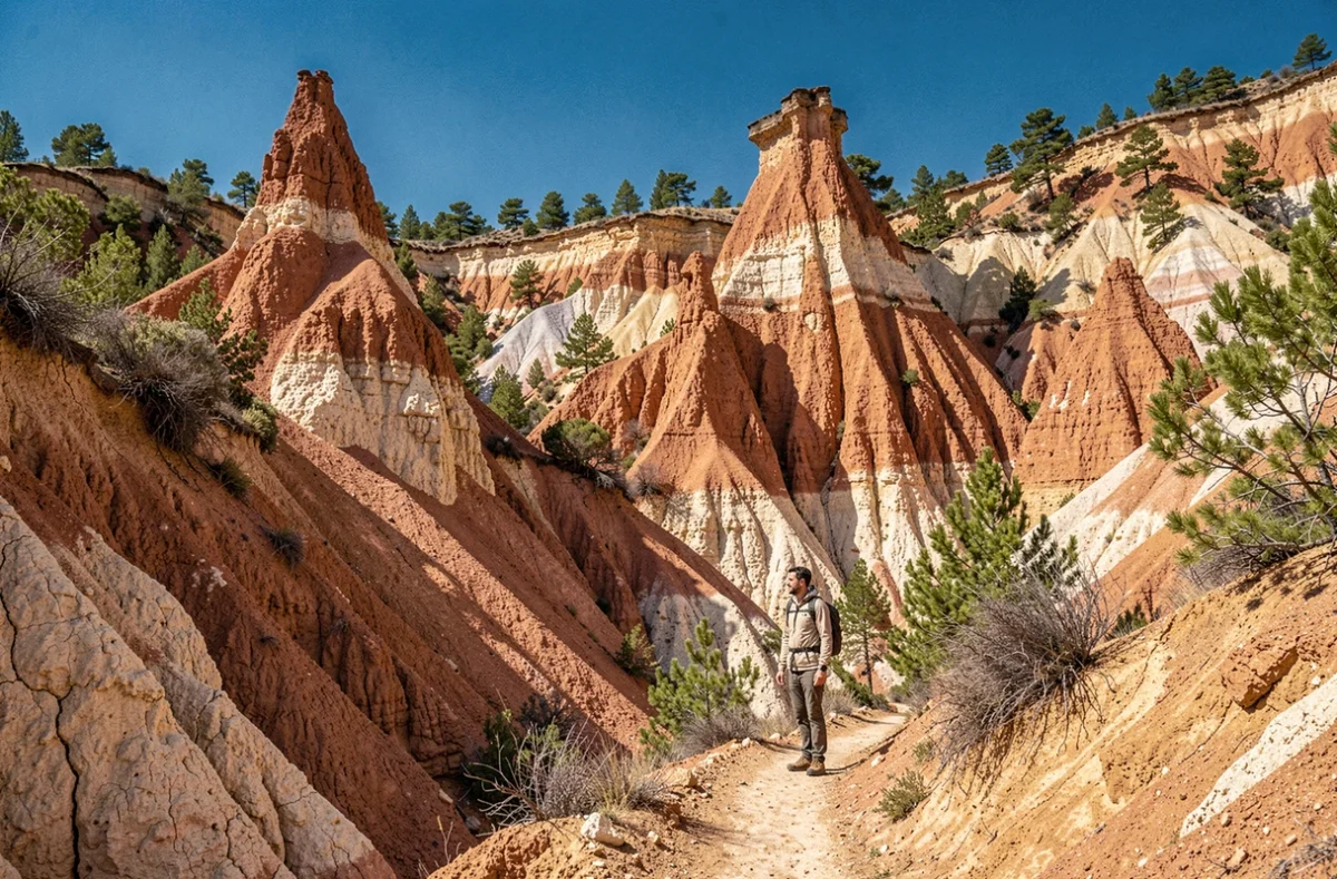 Randonneur sur un sentier traversant les falaises ocres du Colorado Provençal près de Rustrel dans le Pays d'Apt, avec des formations minérales rouge et orange spectaculaires