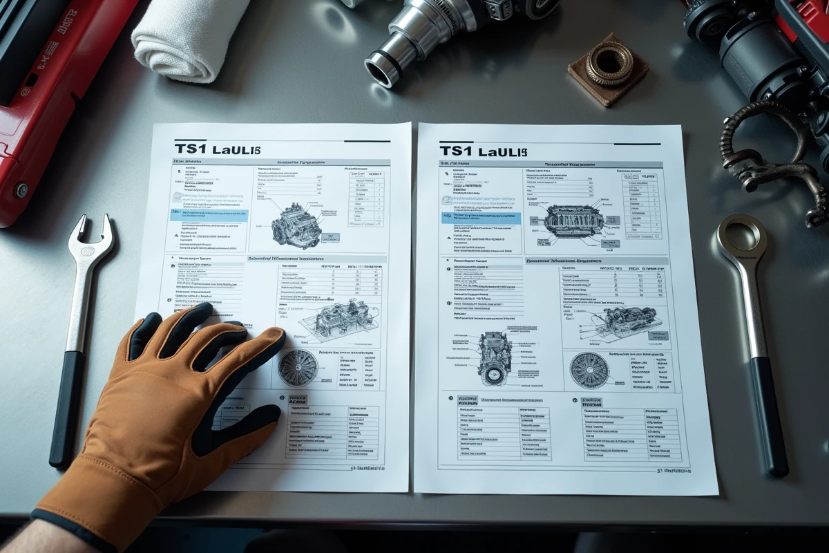 Fiches techniques comparatives des moteurs TFSI et TSI posées sur un établi d'atelier automobile