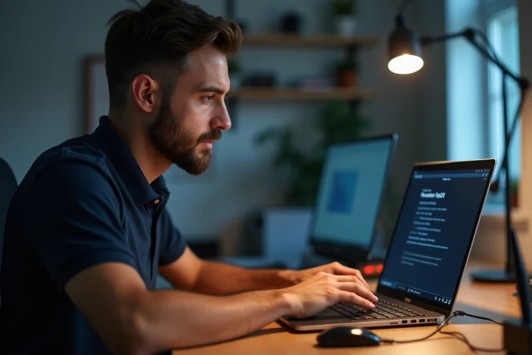 Homme configurant l'adresse IP 192.168.1.1 d'un routeur Wi-Fi sur un ordinateur portable dans un bureau à domicile