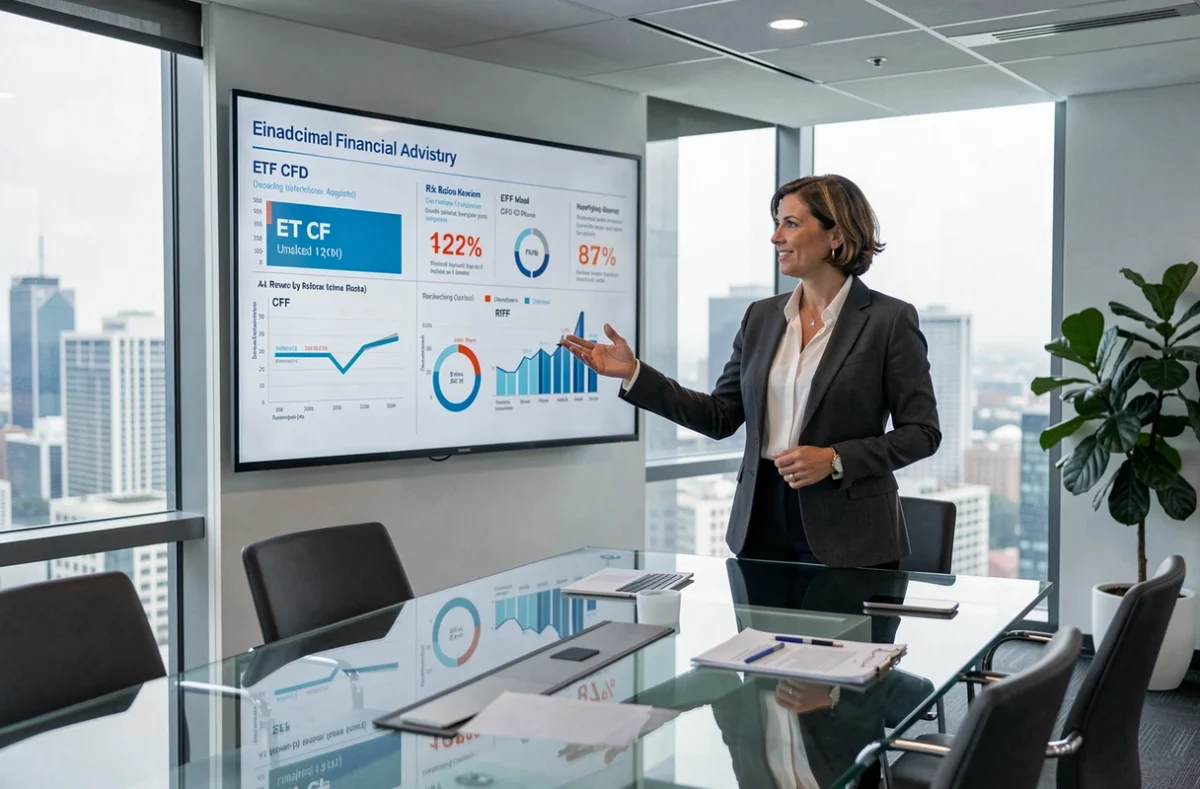 Conseillère financière présentant une comparaison entre ETF et CFD dans une salle de réunion moderne