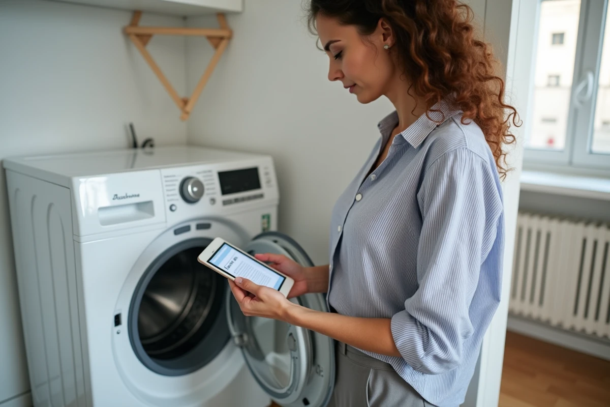 Jeune femme consultant la notice Valberg en PDF sur smartphone devant sa machine à laver