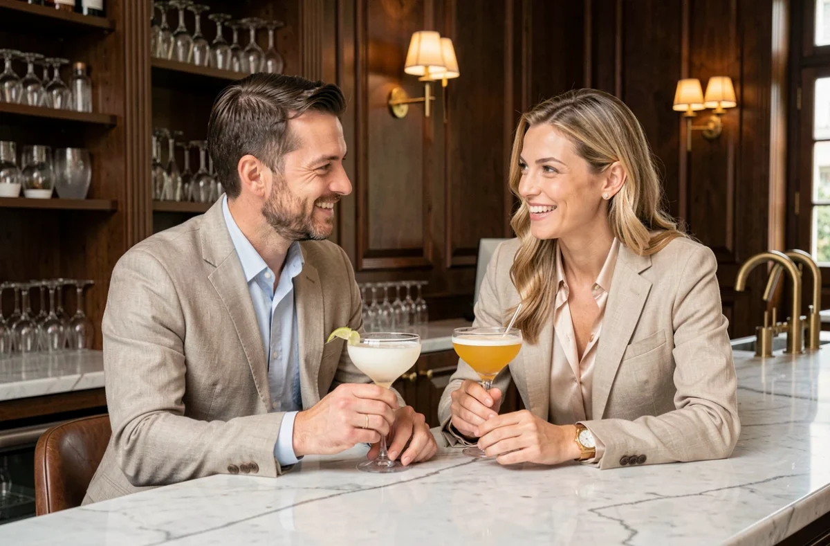 Couple élégant au bar d'un club privé à Lille dégustant des cocktails dans une atmosphère conviviale