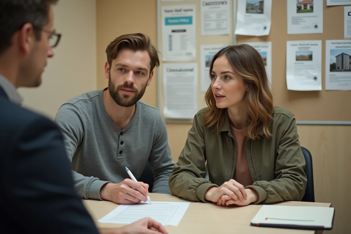 Jeune couple consultant un agent de logement social pour estimer le montant de leur caution locative