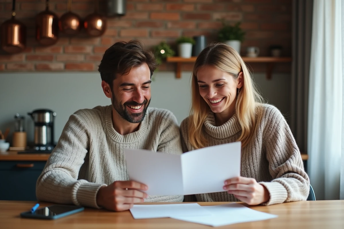Couple d'expatriés français comparant des offres d'assurance santé internationale dans leur appartement à l'étranger