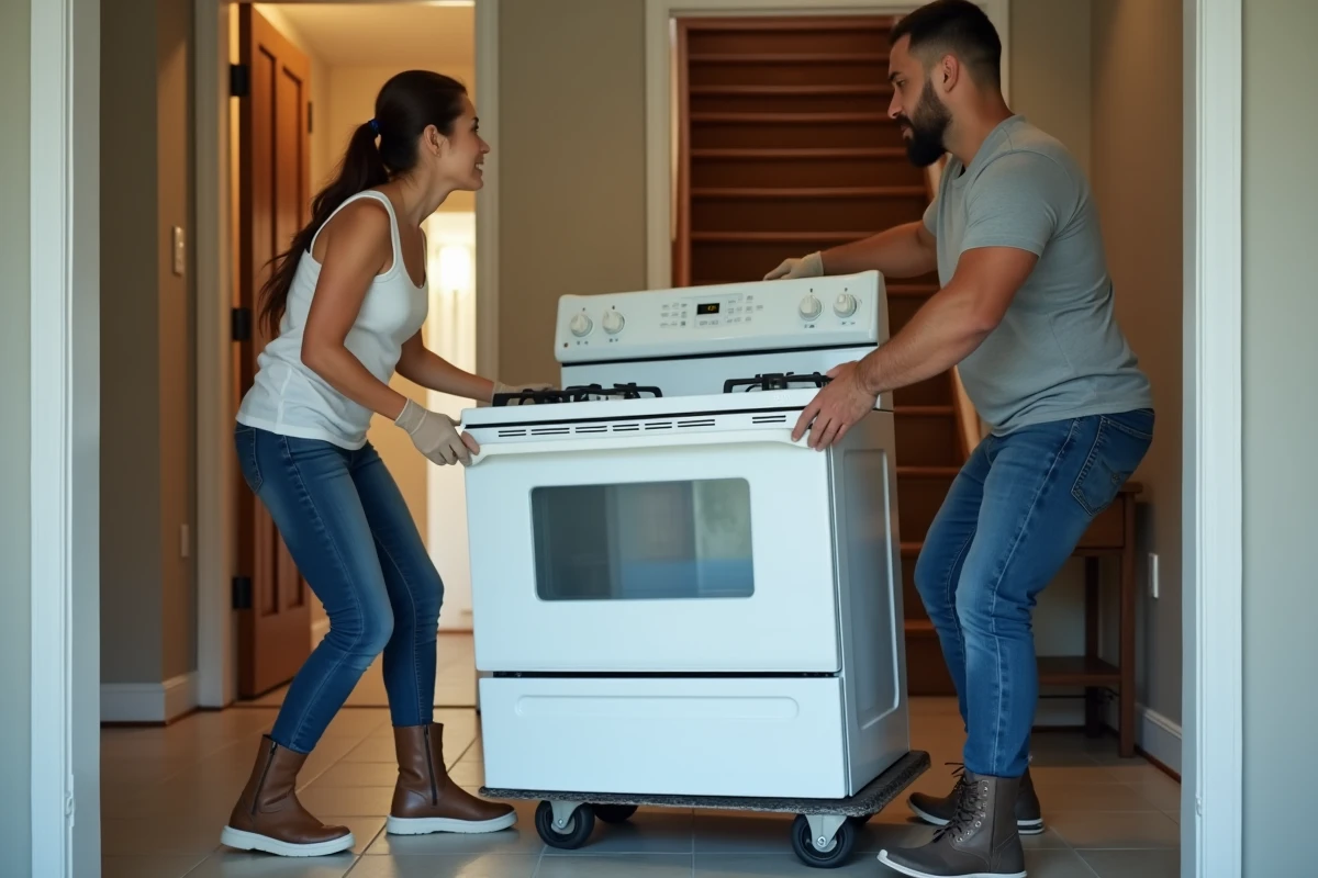 Deux déménageurs utilisant un diable pour déplacer une gazinière blanche hors d'une maison