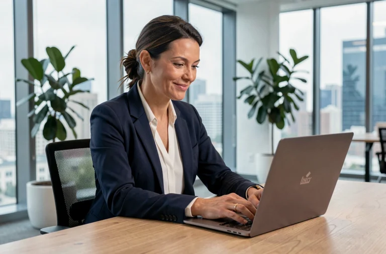 Femme dirigeante analysant la croissance de son entreprise via un magazine en ligne innovant sur son ordinateur portable dans un bureau moderne