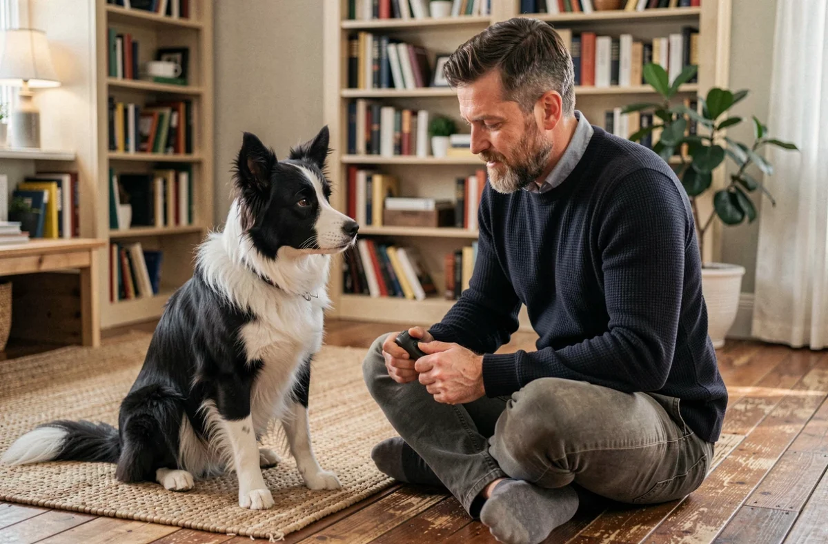 Homme barbu en pull marine faisant une séance d'éducation avec un border collie attentif dans un salon chaleureux