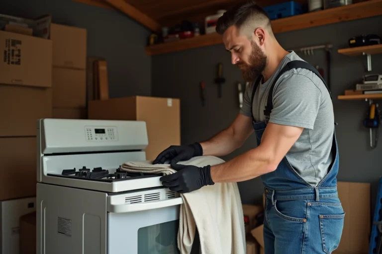 Homme emballant une gazinière avec des couvertures de déménagement et des sangles dans un garage résidentiel