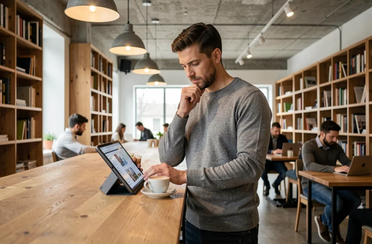 Entrepreneur consultant un magazine en ligne innovant sur une tablette dans un espace de coworking moderne pour développer son entreprise en 2026