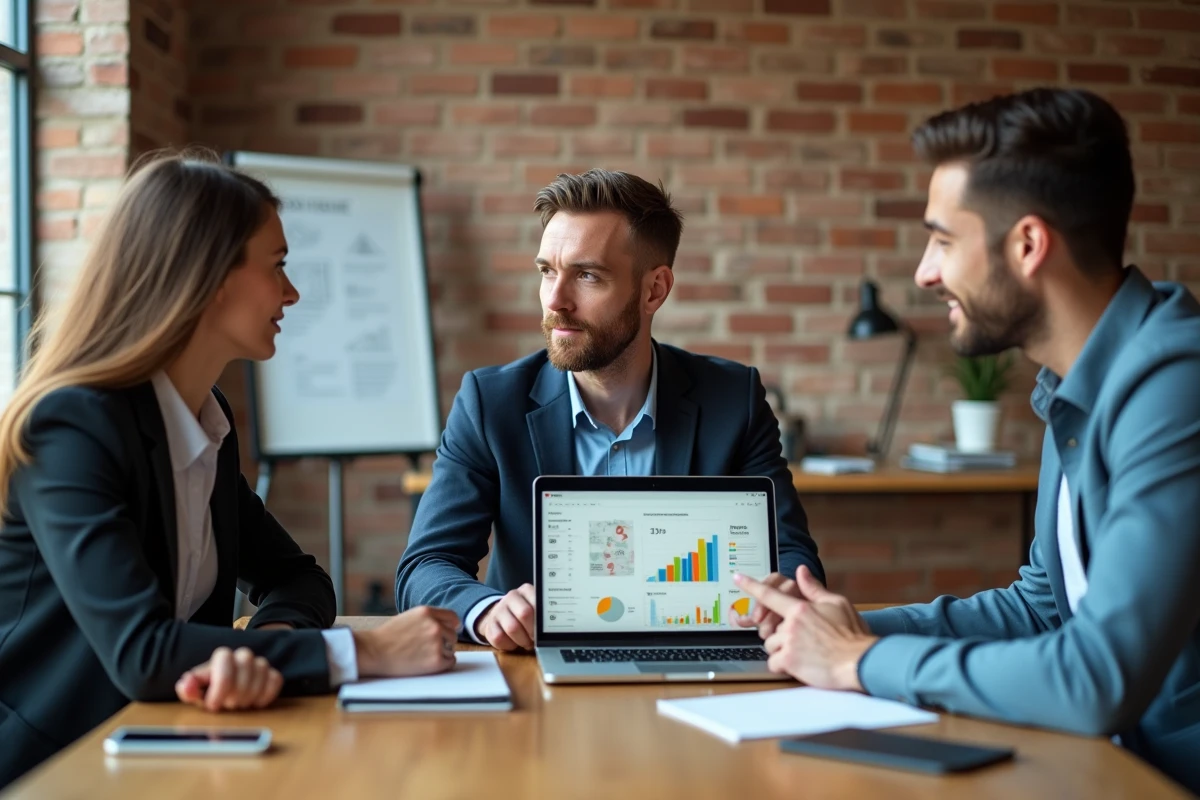 Équipe immobilière collaborant autour d'un logiciel CRM immobilier en espace de coworking