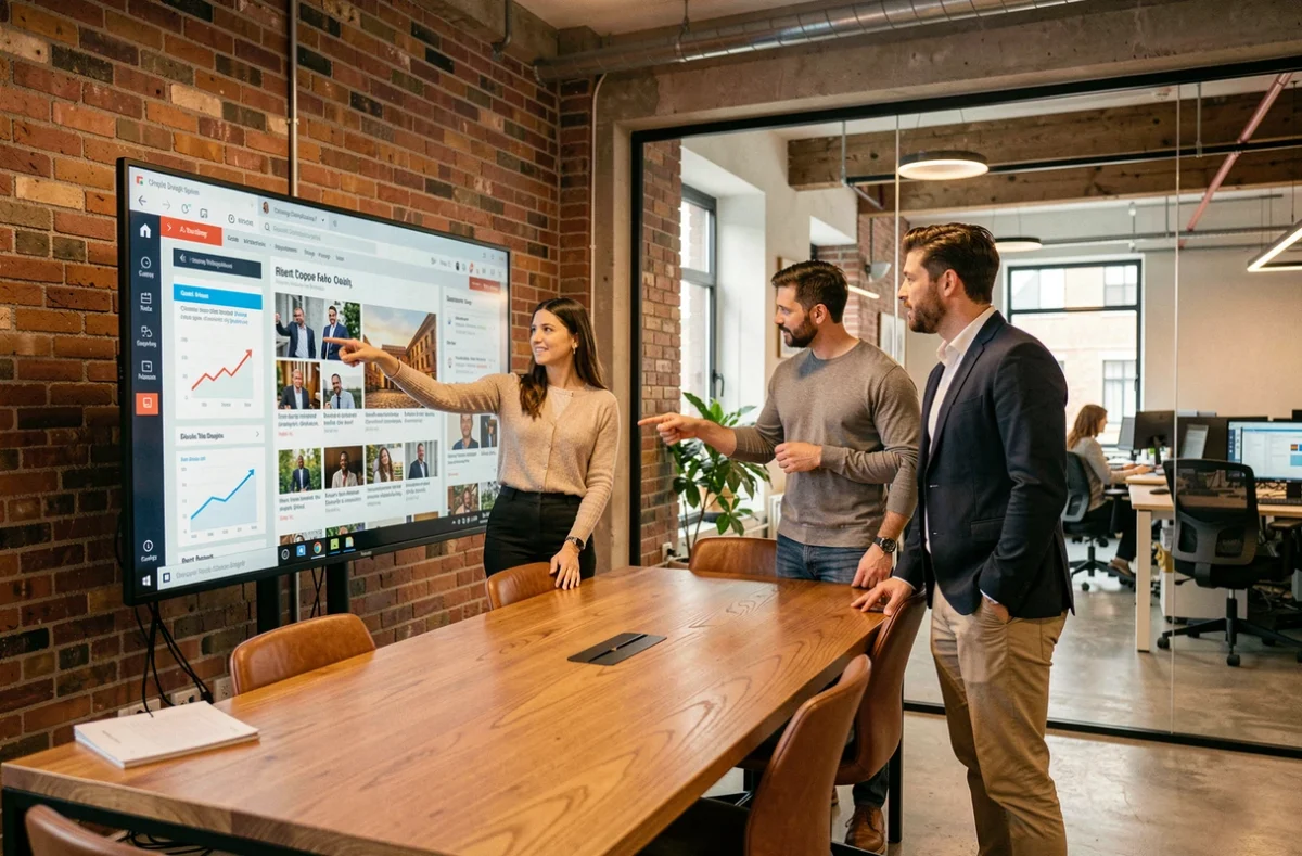Équipe de professionnels collaborant autour d'un magazine en ligne innovant pour piloter la stratégie de croissance de leur entreprise en 2026