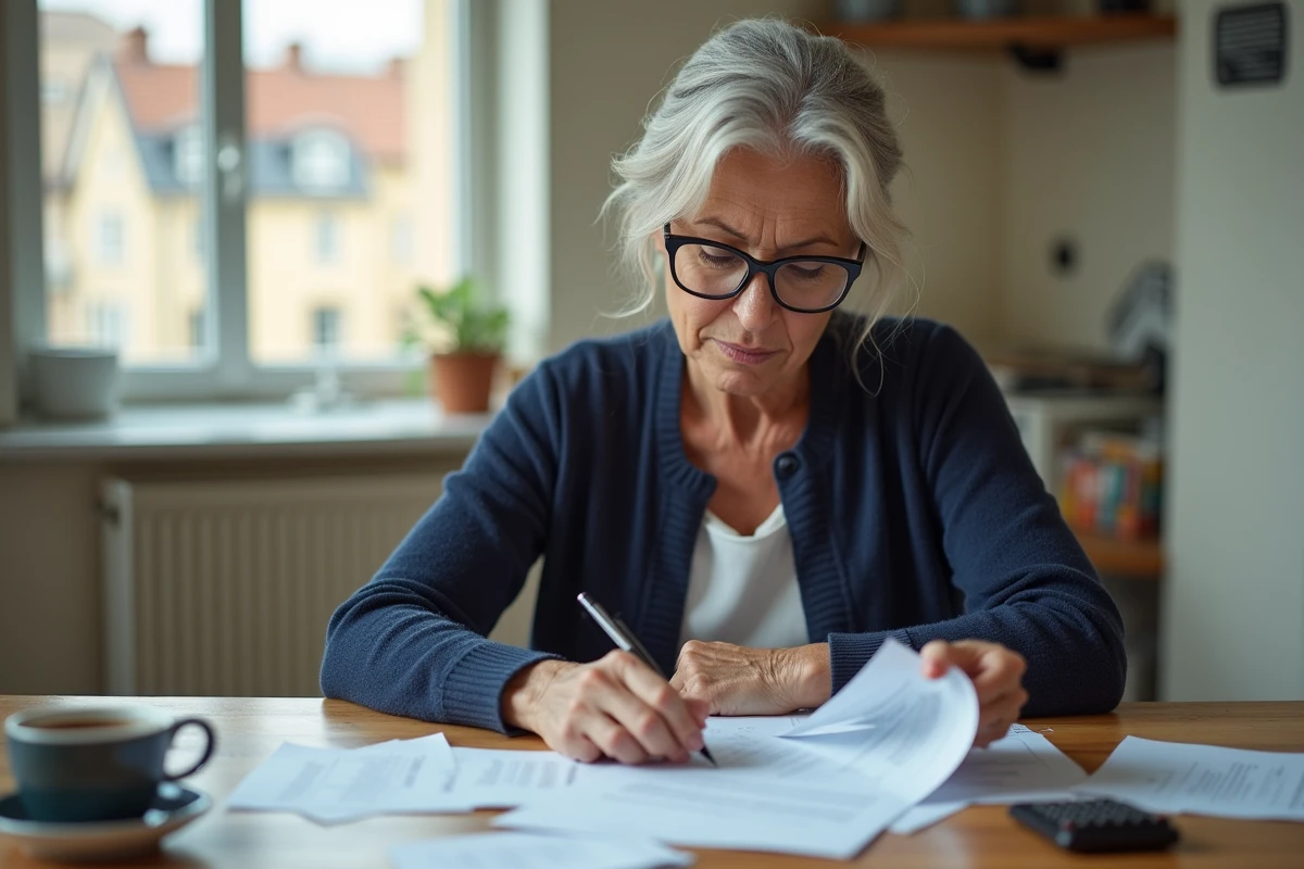 Femme examinant un contrat de location et calculant le montant de la caution dans un appartement de logement social