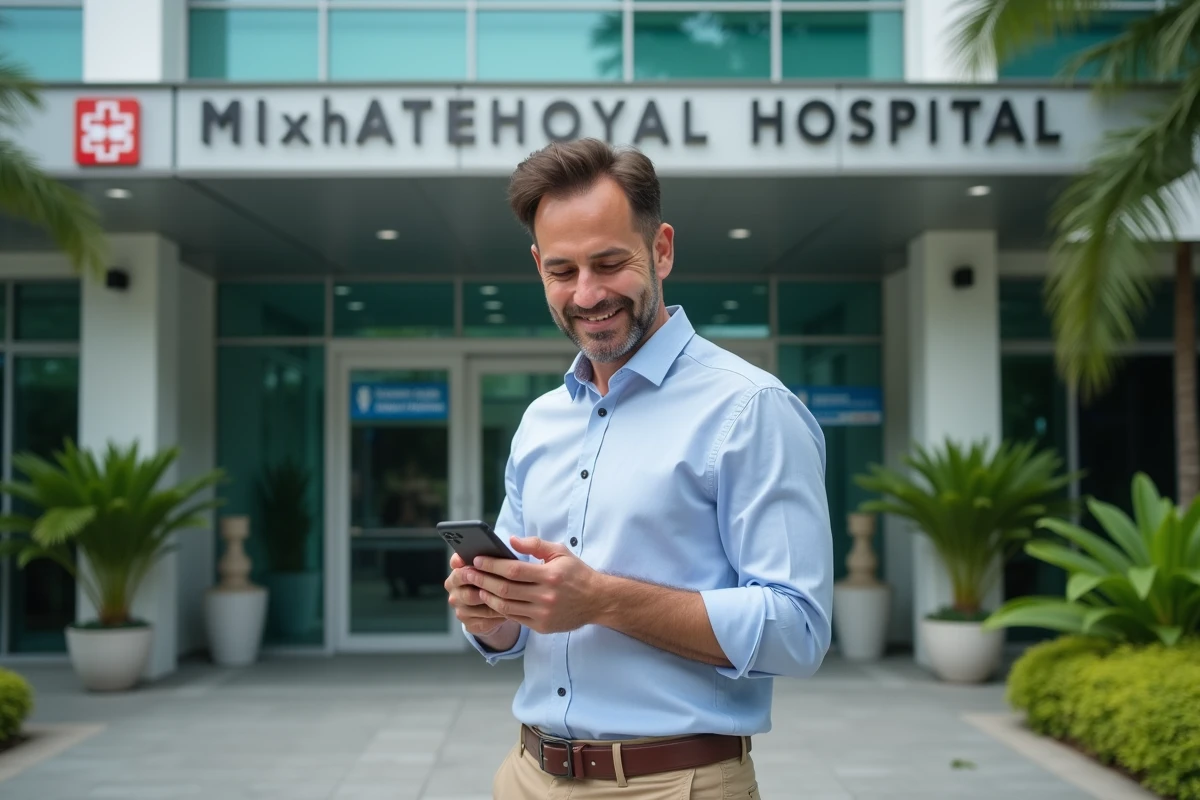 Expatrié français devant un hôpital international en Asie du Sud-Est avec sa carte d'assurance santé