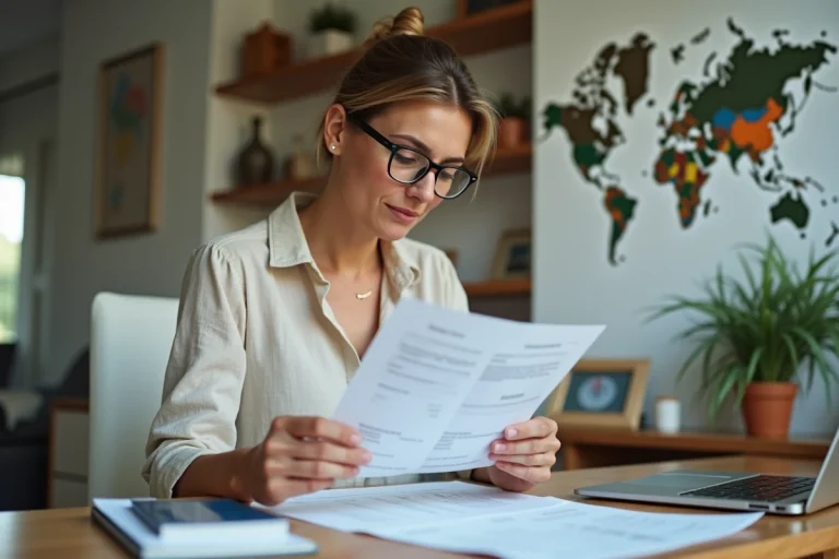 Expatriée française étudiant des documents d'assurance santé internationale à son bureau à l'étranger