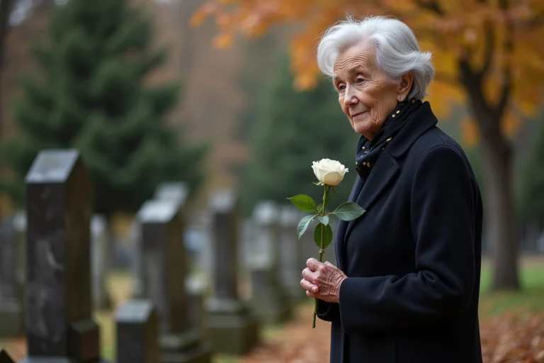 Femme âgée tenant une rose blanche au cimetière