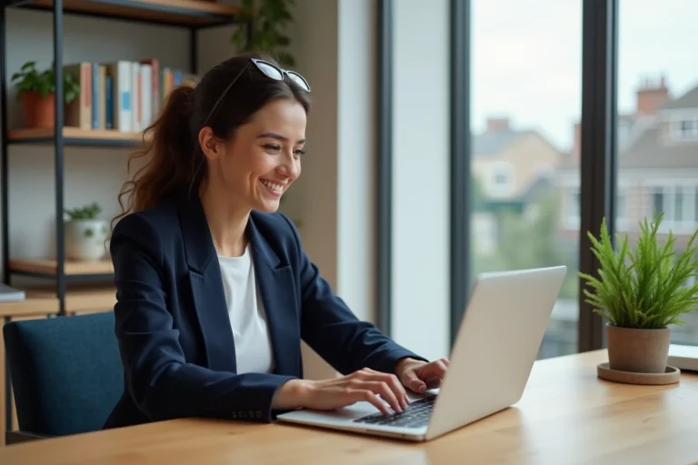 Femme en bureau à domicile avec ordinateur portable