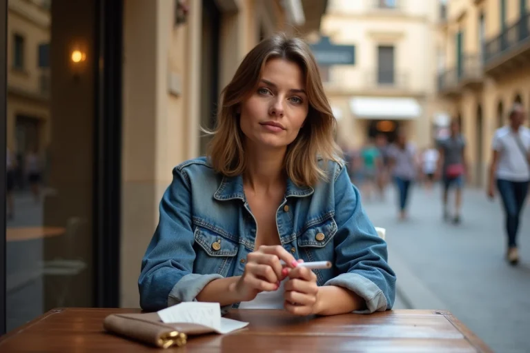 Femme détendue dans un café espagnol en plein air