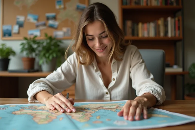 Femme consultant une carte de voyage détaillée pour organiser son itinéraire dans un bureau à domicile chaleureux