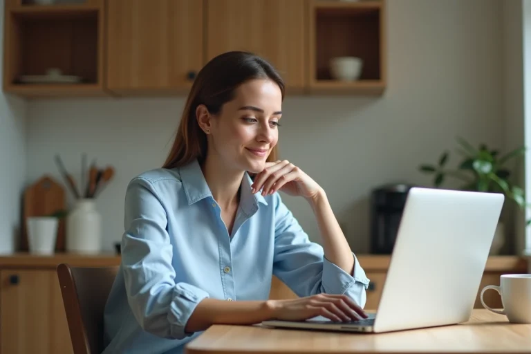 Jeune femme assise à la cuisine avec un ordinateur portable