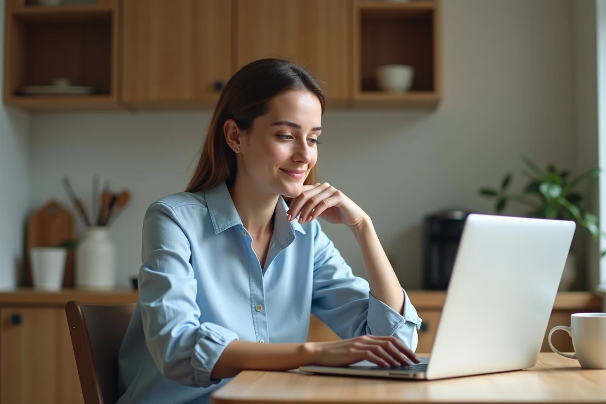 Jeune femme assise à la cuisine avec un ordinateur portable