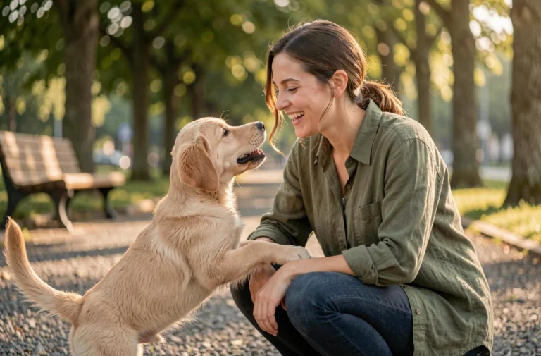 Femme souriante accroupie dans un parc qui accueille un chiot golden retriever joyeux