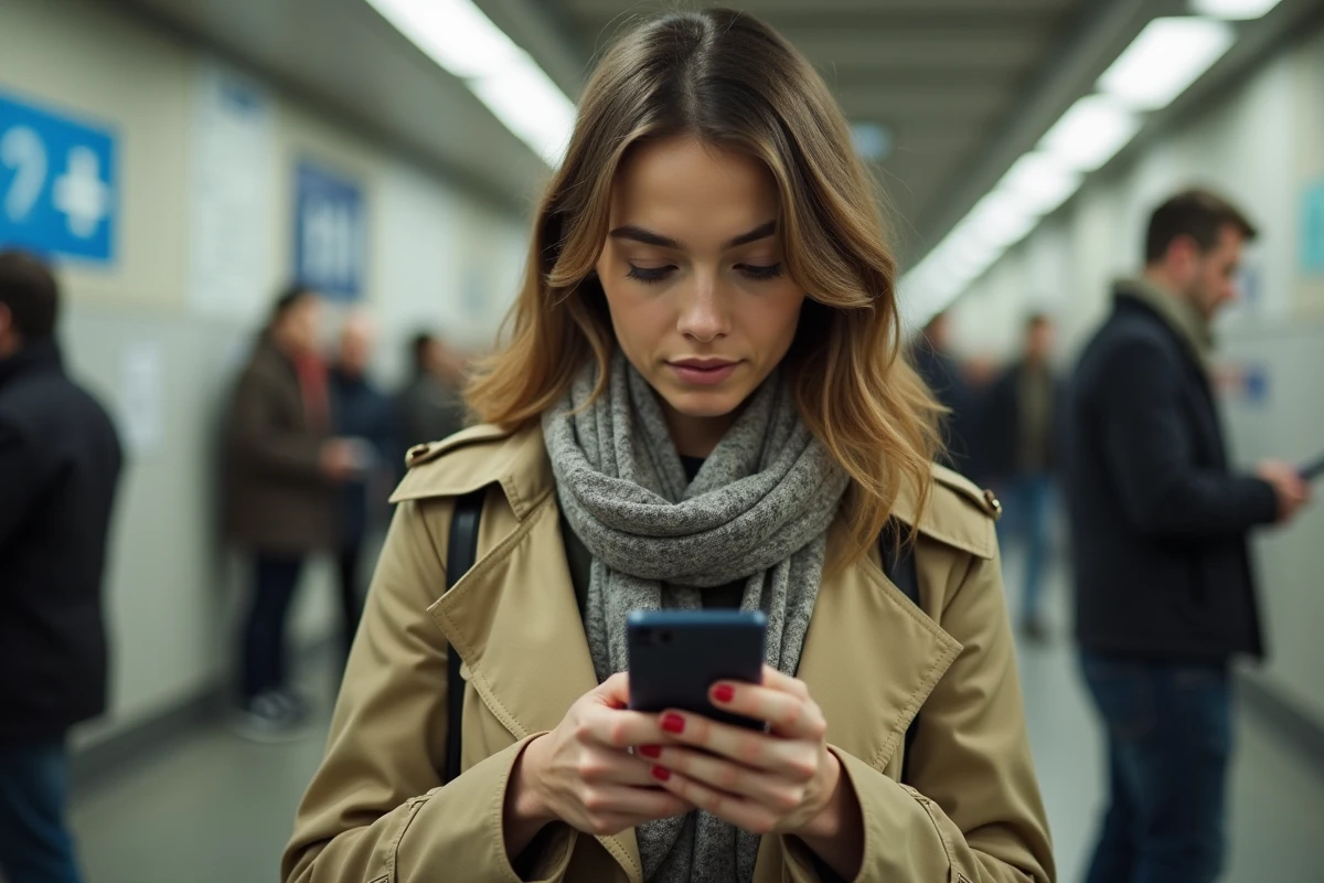 Jeune femme française utilisant son smartphone dans le métro