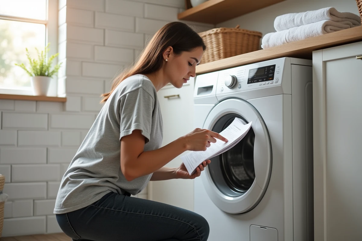 Femme consultant une notice de machine à laver Valberg dans une buanderie moderne