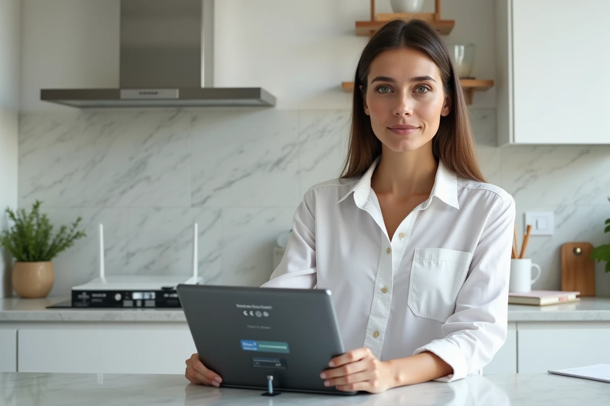 Femme configurant les paramètres réseau et l'adresse IP locale sur une tablette dans une cuisine moderne