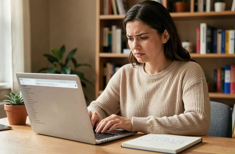 Femme en télétravail recherchant des offres d'emploi en ligne sur un ordinateur portable dans un bureau à domicile organisé