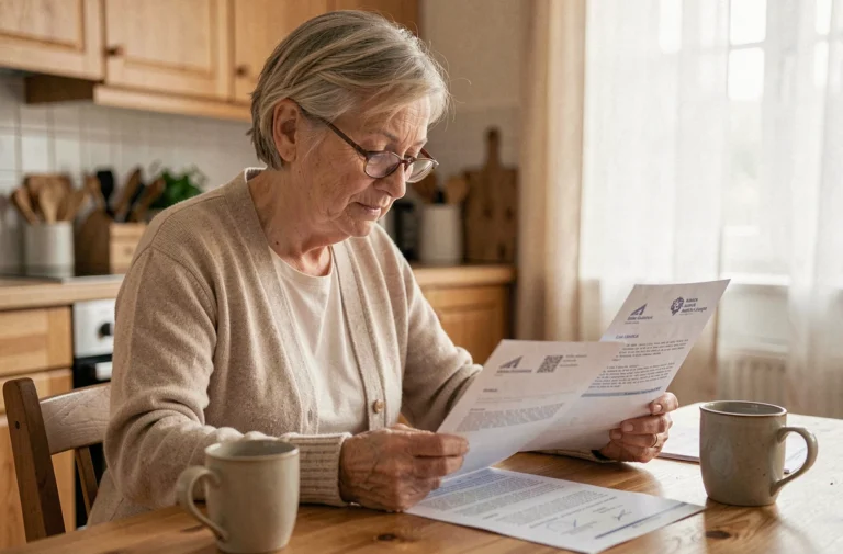 Femme retraitée consultant ses documents Carsat à la table de cuisine
