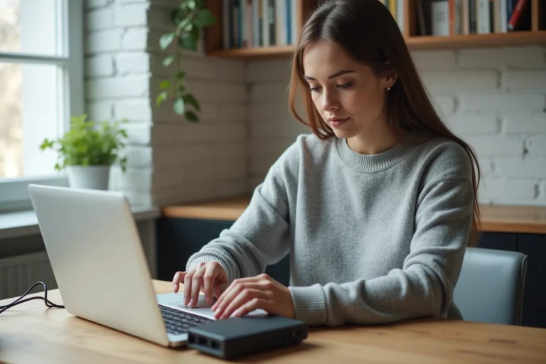 Femme en télétravail ajustant un routeur Wi-Fi sur son bureau à domicile pour optimiser sa connexion internet