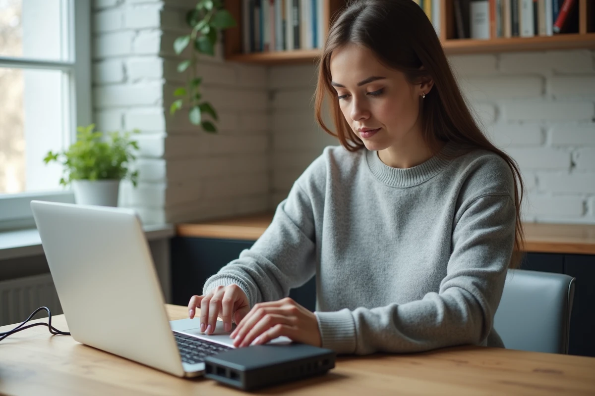 Femme en télétravail ajustant un routeur Wi-Fi sur son bureau à domicile pour optimiser sa connexion internet