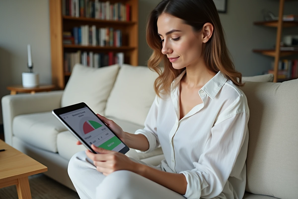 Jeune femme consultant les résultats d'un test de vitesse internet sur une tablette depuis son salon en télétravail