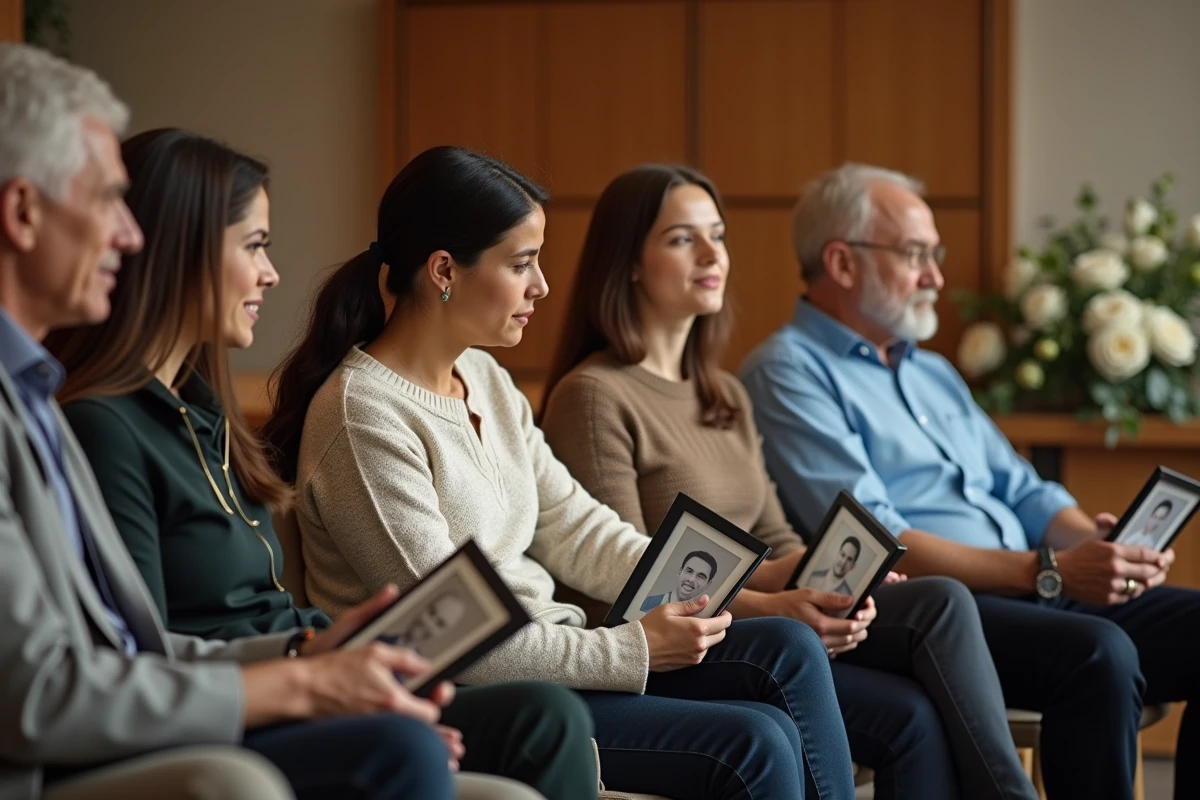 Groupe de personnes avec photos lors d’un enterrement