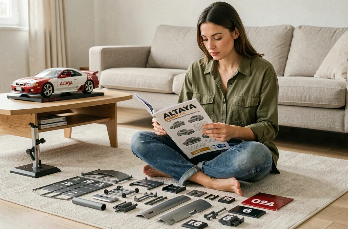 Femme consultant le guide Altaya pour assembler les pièces numérotées de sa Nissan Skyline GT-R en modèle réduit