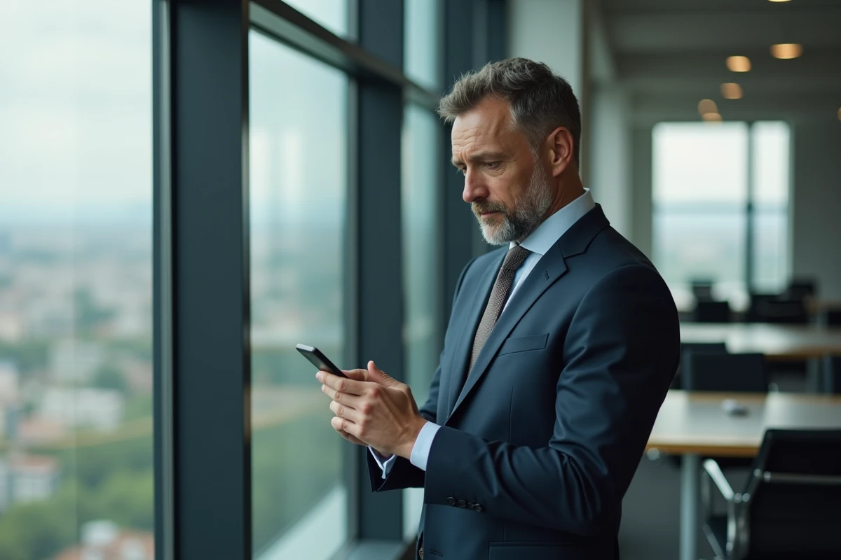 Homme en costume écrivant un email dans un bureau