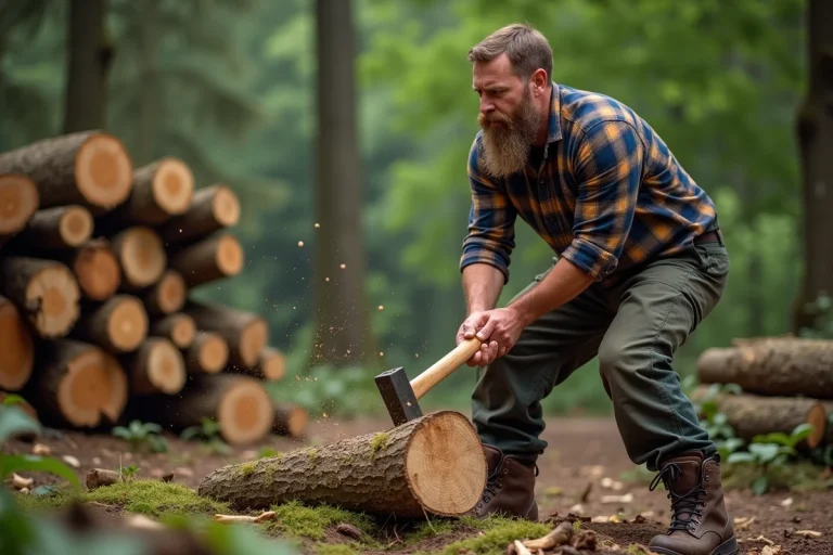 Homme coupant un bois avec une hache en forêt