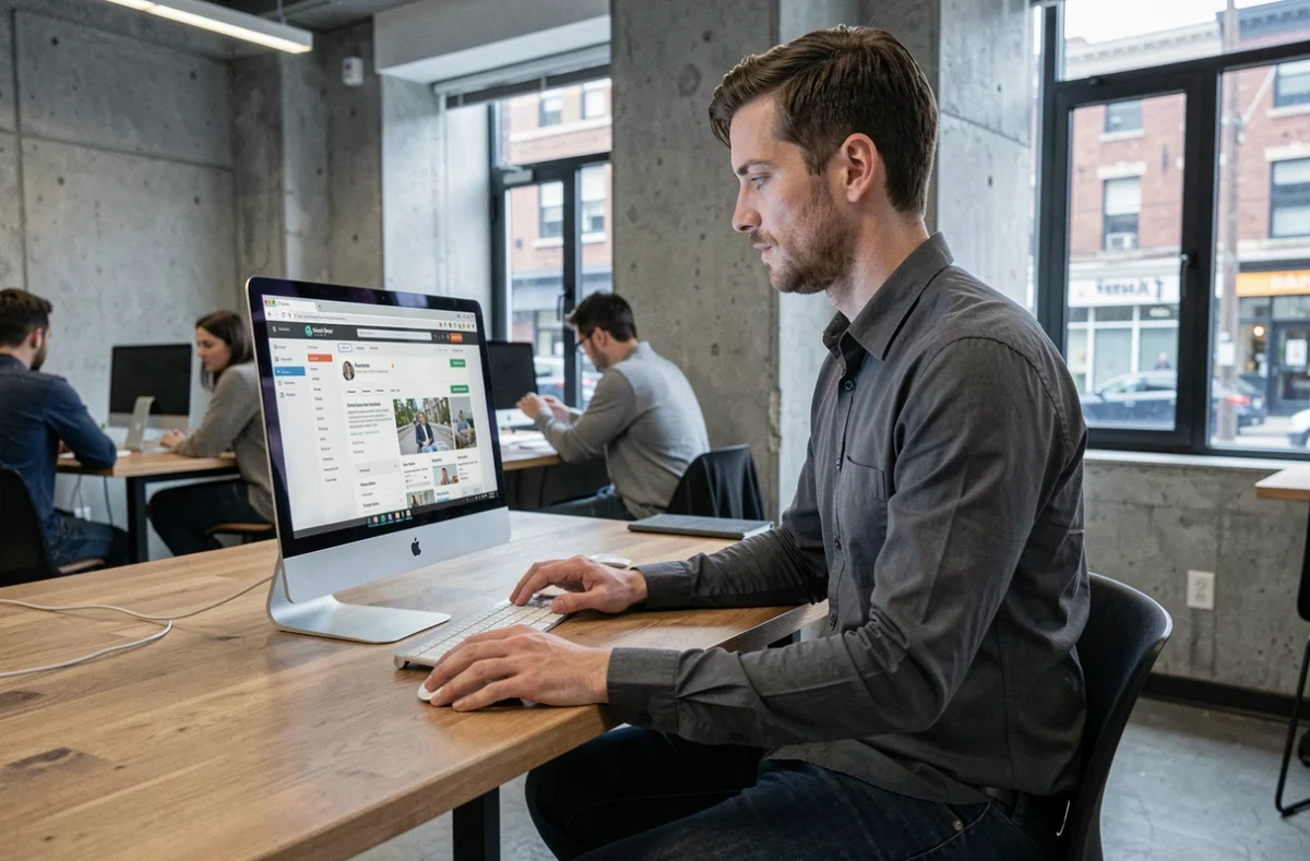 Jeune homme consultant des offres d'emploi sur un ordinateur dans un espace de coworking moderne en ville