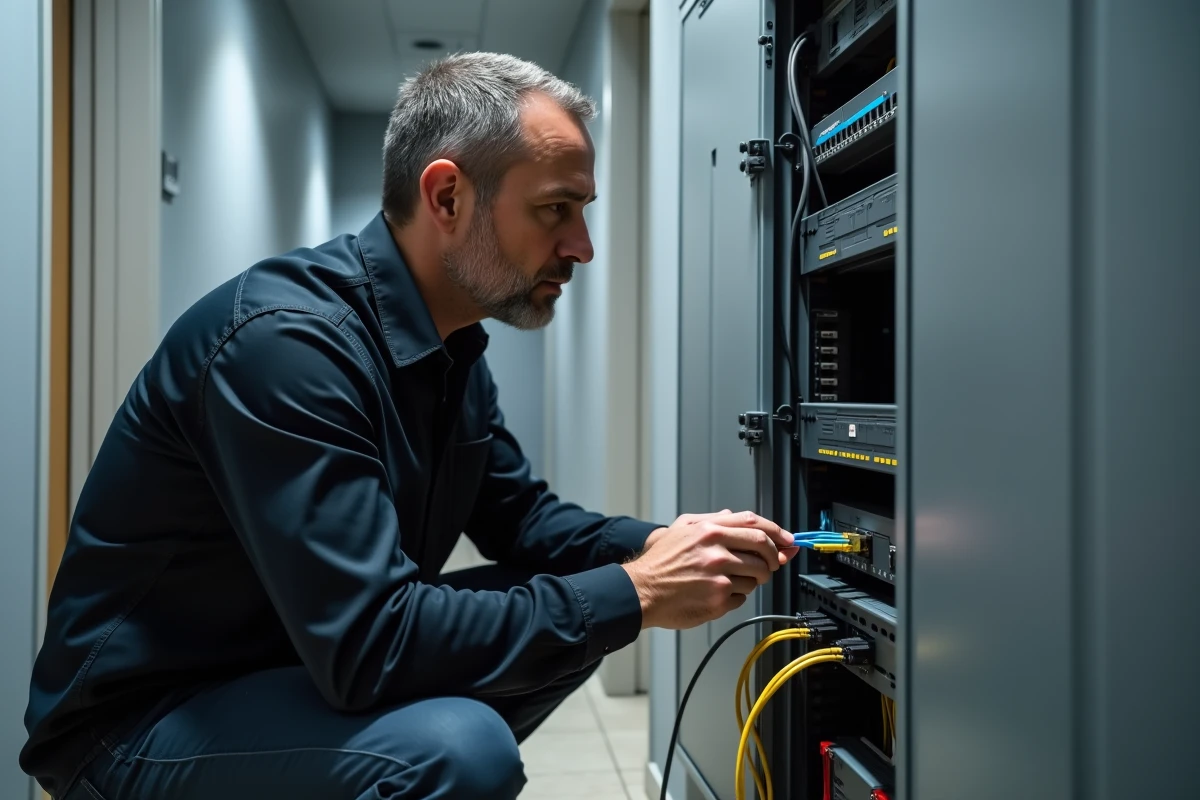 Homme connectant un câble ethernet dans un tableau réseau domestique pour améliorer la connexion internet à domicile